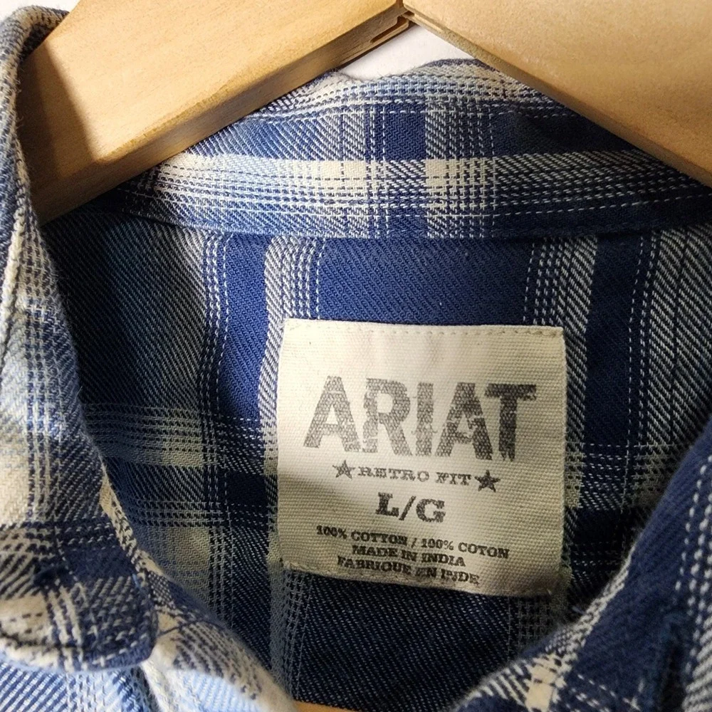 Ariat Retro Fit Plaid Western Snap Button Long Sleeve Shirt‎ L Boy Kid Blue